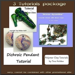 May include: A set of three polymer clay tutorials, including a faux glass tutorial, a dichroic pendant tutorial, and a tutorial for making crackle beads with bead caps. The tutorials are by Tina Holden.