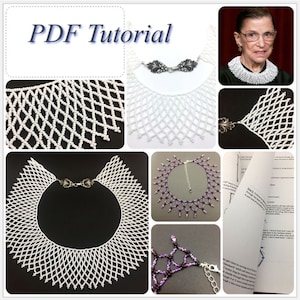 Puede incluir: Un tutorial en PDF para hacer un collar de cuentas blancas. El collar es similar al que usó la jueza de la Corte Suprema Ruth Bader Ginsburg. El tutorial incluye imágenes de primer plano del collar e instrucciones sobre cómo hacerlo.