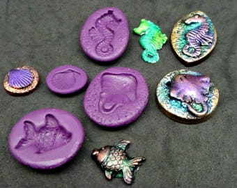4 Beach or Marine themed mini molds no5 - flexible silicone - Fish, Seahorse, shell, skate for polymer clay, precious metal clay and crafts
