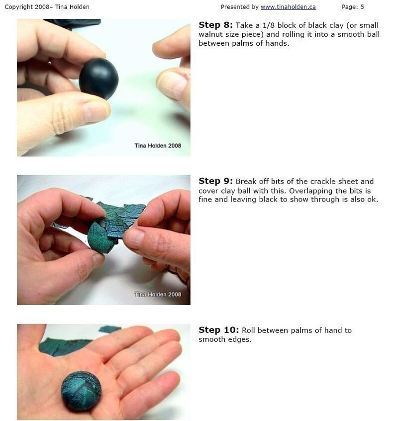 May include: A step-by-step guide on how to make a clay ball with a crackle finish. The first image shows a black clay ball being rolled between hands. The second image shows a person covering the black clay ball with pieces of crackle sheet. The third image shows the finished clay ball with a crackle finish.