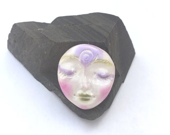 Art Doll Face Cabochon in Faux Porcelain - Pearl Green Lilac Pink - handmade from polymer clay - beadwork, jewelry, wirewrapping and crafts