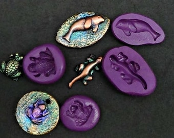 4 Beach or Marine themed mini molds no4 - flexible silicone rubber - seal, frogs, lizard for polymer clay, precious metal clay and crafts