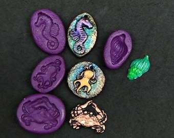 No2 - 4 Beach themed mini molds - flexible silicone rubber - for polymer clay, precious metal clay and crafts