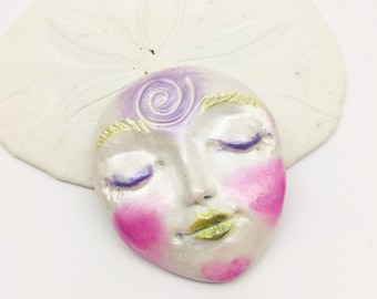 Larger Art Doll Face Cabochon in imitative porcelain - Pearl light cream base with green lips pink cheeks - handmade from Polymer Clay