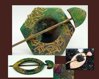 Grampo de cabelo ou xale com padrões dourados - Tutorial de argila de polímero - Download digital em PDF