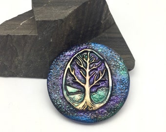 40mm Tree of Life Cabochon or Pendant - Polymer Clay - Faux Raku - Beadembroidery, Scrapbooking, Card embellishment, Hair barrette making