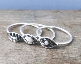 Eye stacking rings - sterling silver rings - third eye rings - evil eye ring - unique rings - boho rings - bohemian rings - stack