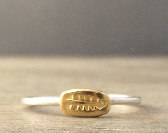 22k Gold Feather Ring: Sterling Silver Band, Handmade Stacking Ring
