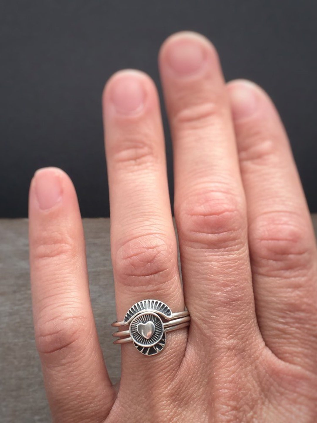 Sacred Heart Ring Set Delicate Silver Ring Three Sterling Etsy