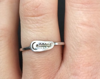 Sterling Silver Feather Moon Ring: Hand Stamped Boho Stacking Ring