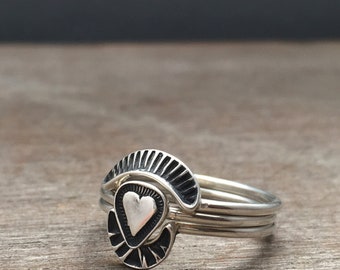 Heart stacking rings - sacred heart rings - sterling silver rings - unique rings - boho rings stacking ring set