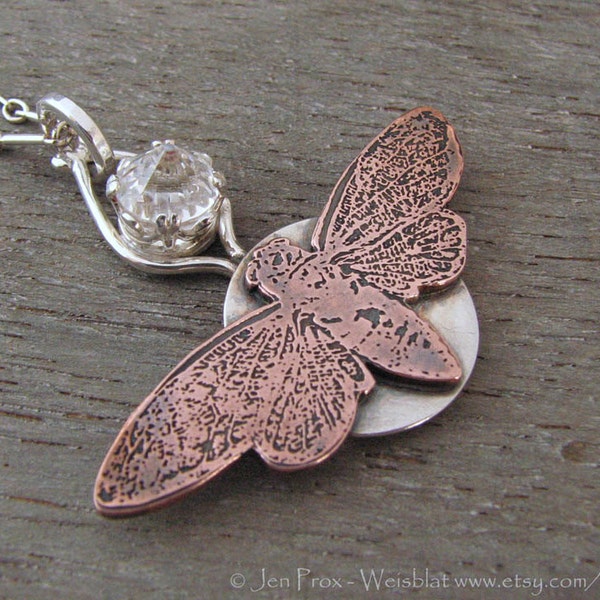 Moth necklace with a crystal - butterfly jewelry - insect necklace - insect jewelry - butterfly necklace - copper moth