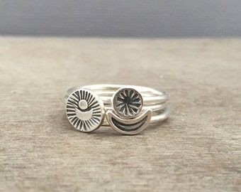 Celestial Sterling Silver Stacking Rings: Sun, Moon & Star