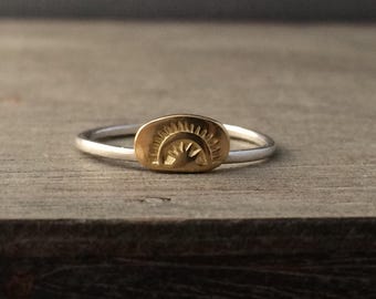 22k Gold Sun Sterling Silver Stacking Ring - Boho Handmade