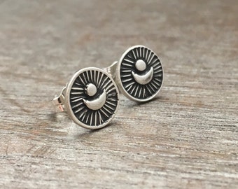 Sterling silver moon earrings - moon stud earrings - unique earrings - tribal earrings, sterling silver studs crescent moon earrings