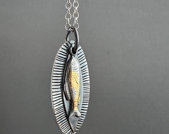 24k Gold Foil Fish Pendant, Sterling Silver Necklace