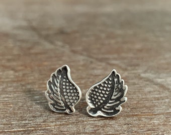 Handmade Sterling Silver Wing Stud Earrings: Vintage Indian Stamp Design