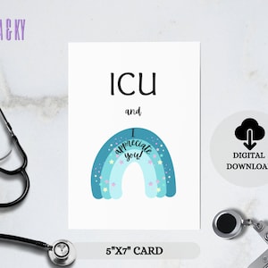 Tarjeta de felicitación médica IMPRIMIBLE UCI y te agradezco, Tarjeta de agradecimiento para enfermeras, Tarjeta de Feliz Semana de las Enfermeras, Juego de palabras médico, Descarga instantánea