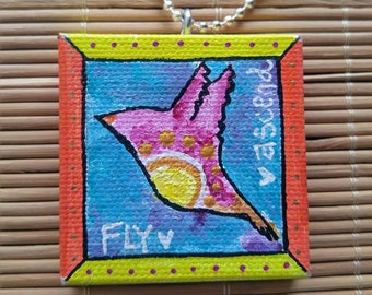 The sky is not the limit, Take flight, Small Acrylic Painted Canvas Necklace