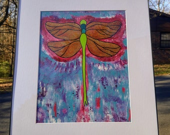 Dragonfly acrylic painting on canvas paper, framed