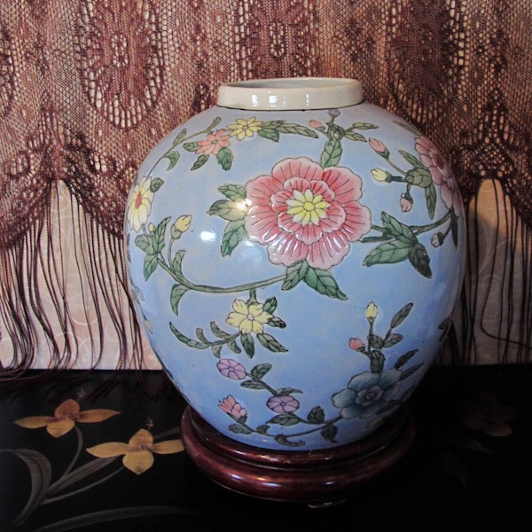 Large 9 1/2" Chinese Ceramic Vase + Wood Display Stand | Floral Ginger Jar, Without Lid | Vintage Chinoiserie Home Decor, Staging Photo Prop