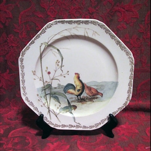 FRENCH Antique China Octagonal Porcelain Plate | Rooster & Hen Farm Scene | Grand Depot, E. Bourgeois, Paris Marseille | RARE COLLECTIBLE
