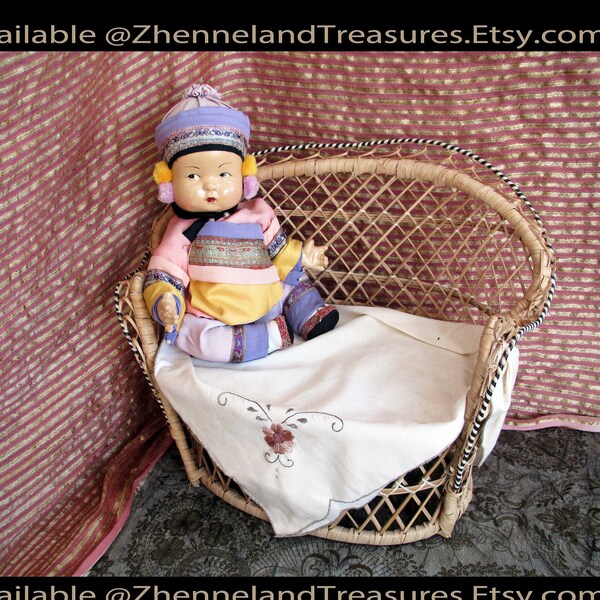 Woven Wicker Doll Sofa with Vintage Embroidered Cloth Coverlet | Hawaiian Fanback Style Doll Chair | Circa 60s-70s | ***DOLLS NOT INCLUDED