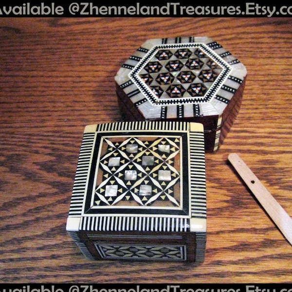 2-PC SET: Pair of Handcrafted Intricate Mosaic Trinket Boxes | Vintage Egyptian Ring Boxes with Hinged Lids • Mother of Pearl, Bone, Wood