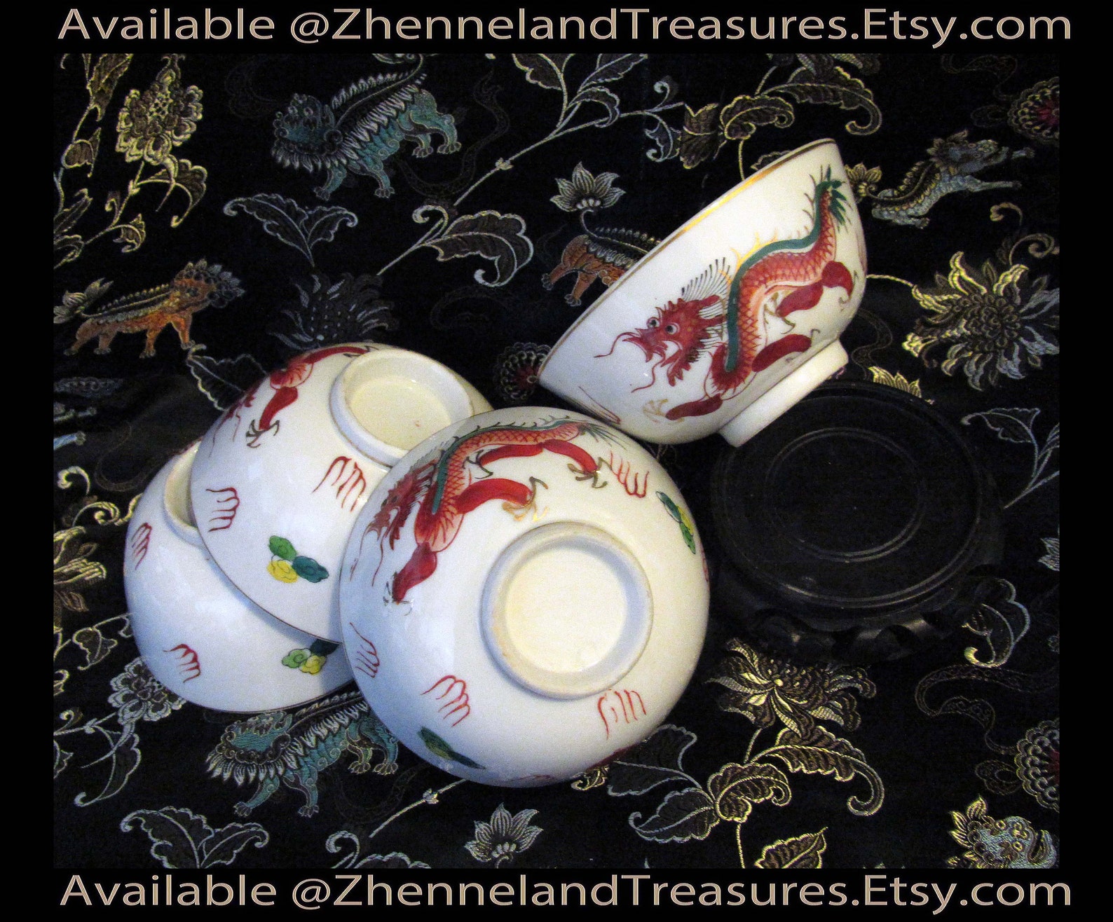4PC SET Vintage 4 1/2 Footed Rice Bowls Asian Dragon Etsy