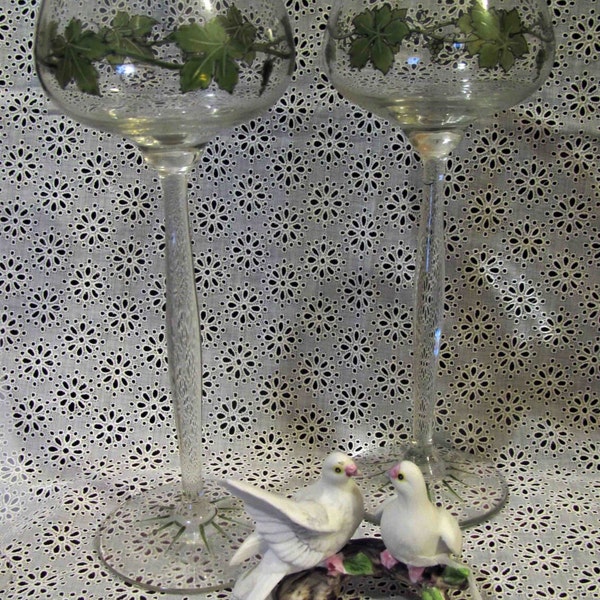 Hand Painted PAIR Wine Glasses | Grapes & Grapeleaves Motif | Long Stemmed | Rhine Wine, Dessert Liqueurs | Bridal Gift | Reception Dinner