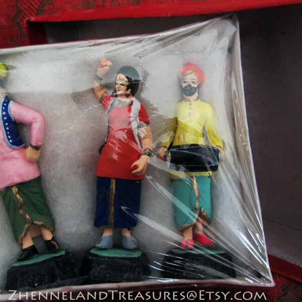 Set of 5 Miniature Hindu Dancers & Musicians Troupe/ Vintage Souvenir/ Figural Folk Art/ Like New, Never Removed From Box/ Handmade in India