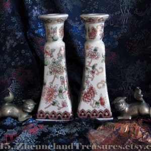 PAIR CHINOISERIE CANDLEHOLDERS, Vintage Chinese Porcelain 8.5&quot; x 3.5&quot; Floral Design, Gold Detail/ Home Decor Staging Interior Pix Art Prop