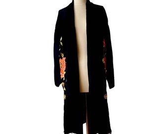 Vintage Embroidered Black Satin Kimono with Fringe. Perfect for Fall