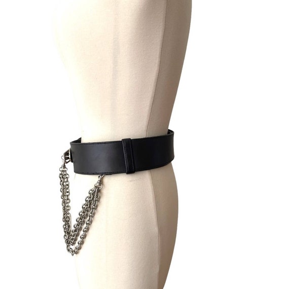 DKNY Black Leather Belt with Silver Chains Moto 1… - image 4