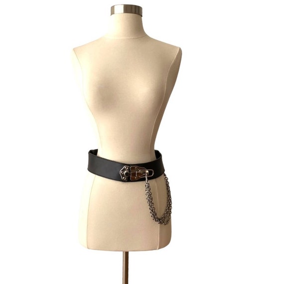 DKNY Black Leather Belt with Silver Chains Moto 1… - image 1