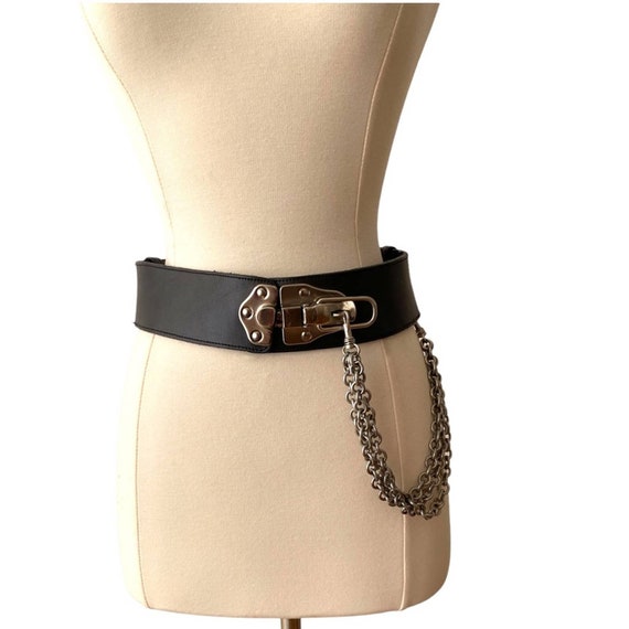 DKNY Black Leather Belt with Silver Chains Moto 1… - image 3