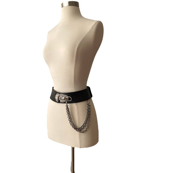 DKNY Black Leather Belt with Silver Chains Moto 1… - image 2