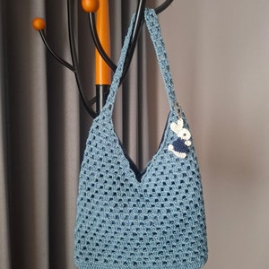 Crochet Bag Bunny, Shoulder Crochet bag, Tote Bag, Handbag Crochet, Crochet Hobo Bag, Knitting Bag , Tote Crochet Bag, Handmade Crochet Bag Blue Bunny