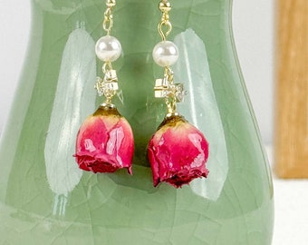 Handmade Resin Rose Earrings, Dried Flower Pearl Pendant