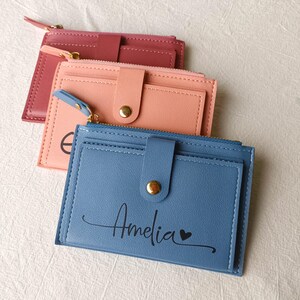 Personalized Leather Wallet | Custom Name Card Holder | Zipper Coin Purse | Slim Credit Card Case | Bridesmaid Gift | Thank You Gift