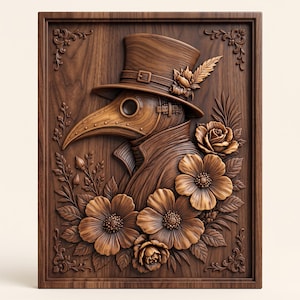 May include: A rectangular wooden wall plaque featuring a relief carving of a plague doctor wearing a top hat with a feather. The figure is surrounded by detailed floral elements including several large blossoms and leaves, all rendered in a rich brown wood grain finish with ornate corner accents.