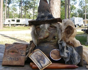 Primitive Halloween Agatha the WItch W Spell book an GHOST Shelf sitter Epattern OFG Team FWB