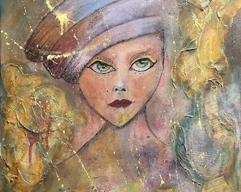 Original 18x24" Mixed Media Female Portrait Painting Textured on Canvas