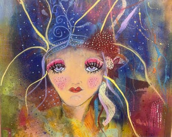 Original Mixed Media Female Portrait Painting on Stretched Canvas 18x24x1.5", Wall Art