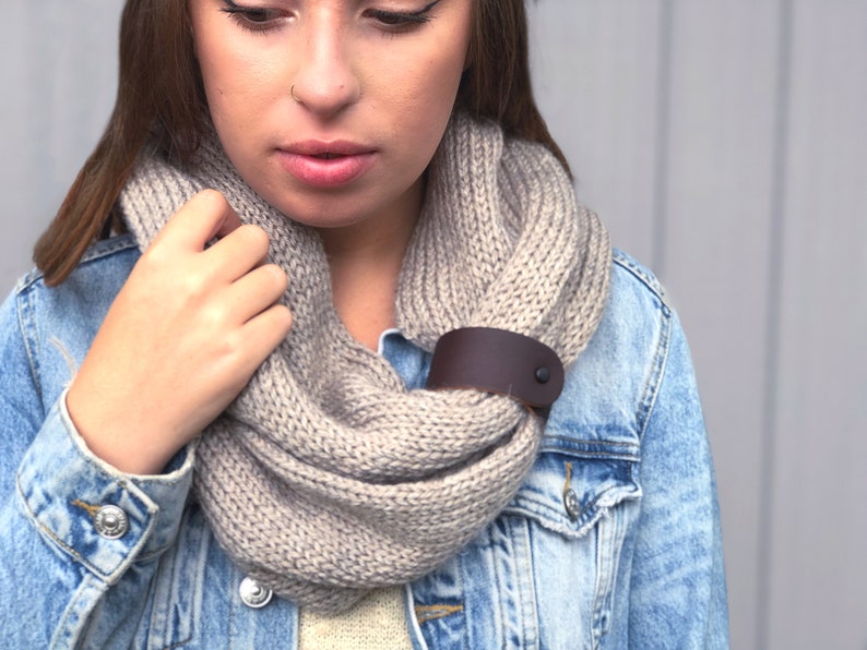 Knit Loop Scarf for Women leather Cuff Double Wrap Scarf Etsy