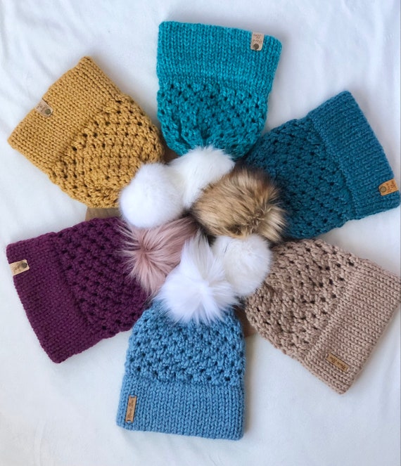 Double Brim Faux Fur Pom Pom Knit Hat | Lattice Knit Hat | Double Brim Beanie | Wool Knit Hat | Women's Winter Toque | Teen Hat | Ski Hat