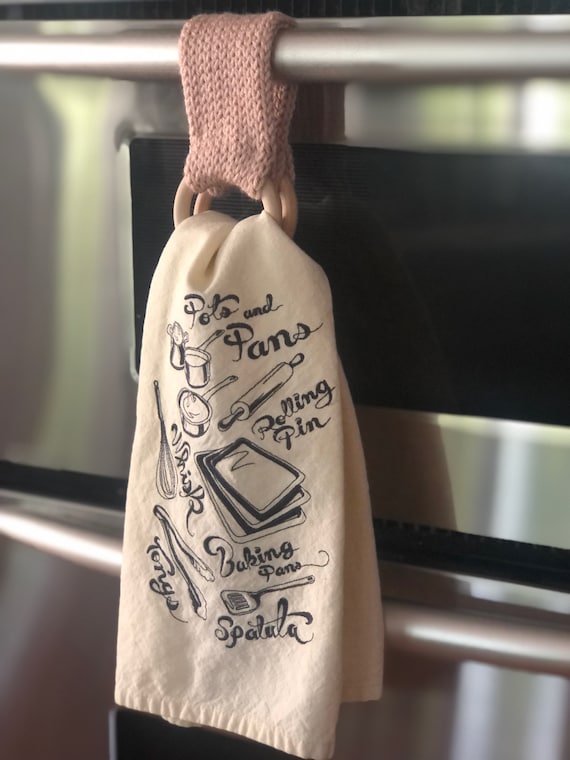 Handmade Knit Kitchen Dish Towel Holder with Wood Ring | Towel Topper with Ring | Stove Oven Hanging Towel Ring | Bathroom Towel Loop