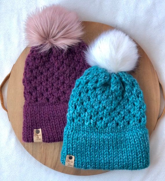 Lattice Knit Beanie with Double Brim | Wool-Blend | Winter Hat | Faux Fur Pom | Snow Day