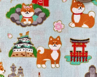 Shiba Inu en Japanse bezienswaardigheden op lichtblauwe achtergrond, Japanse katoenen stof, verkocht gesneden op halve meter, Shiba-hond,