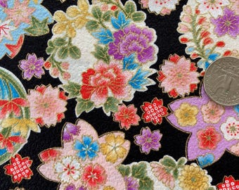 Motivo floreale giapponese su sfondo nero, tessuto di cotone giapponese, venduto a mezzo metro, tessuto giapponese Sakura,